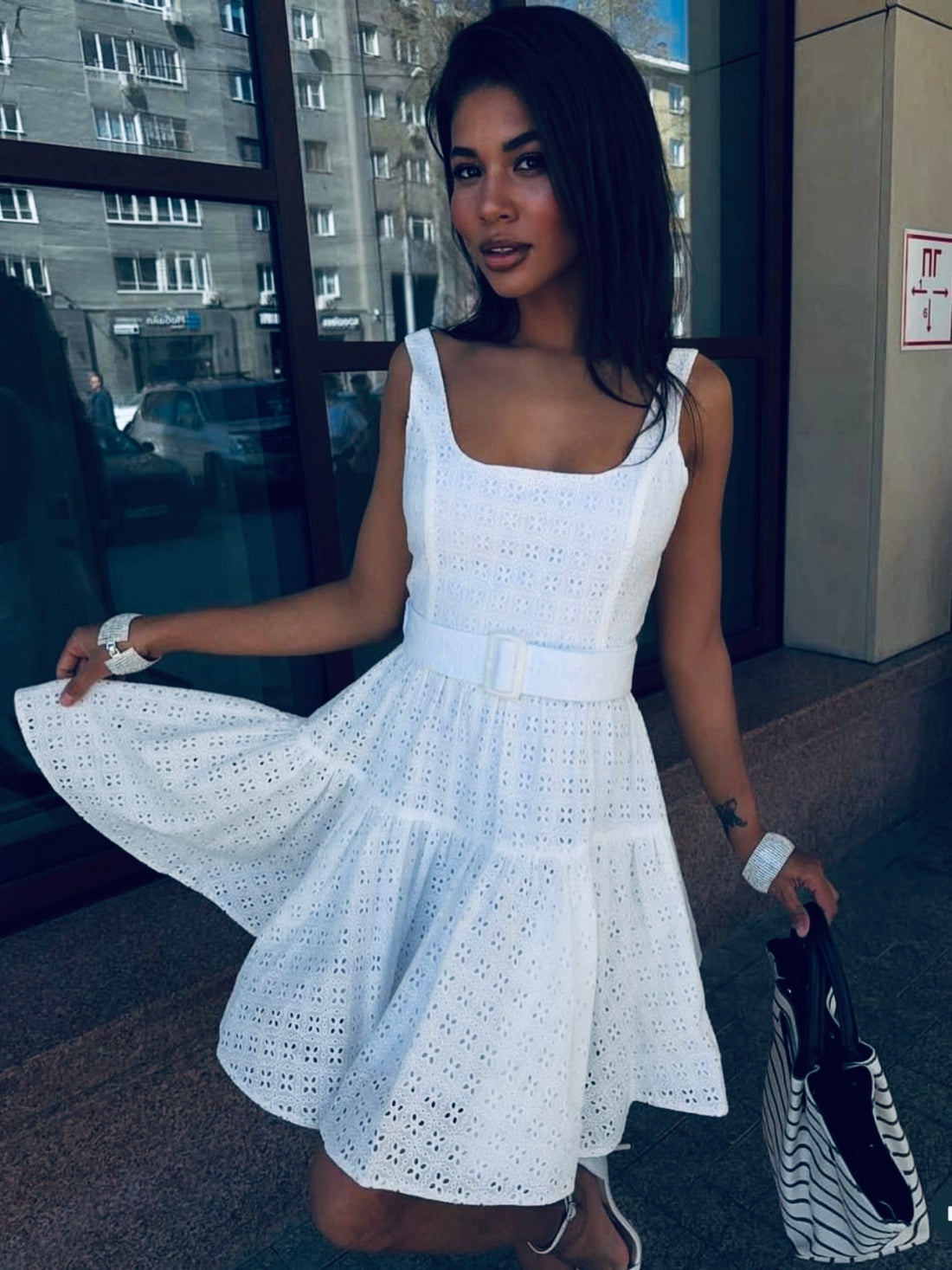 White Broderie Anglaise Dress with Belt