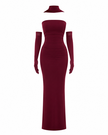 Bordeaux Elegance – Maxikleid mit Handschuhen