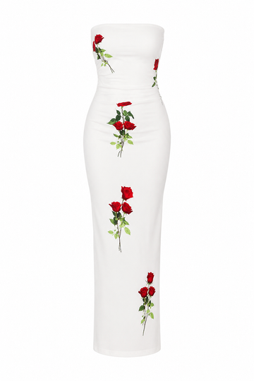 Rosé Amour – Bandeau Maxikleid mit Rosen