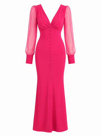 Fuchsia Romance – Elegantes Maxikleid mit transparenten Ärmeln