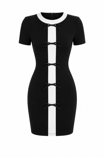 Elegant black and white mini dress with bow details