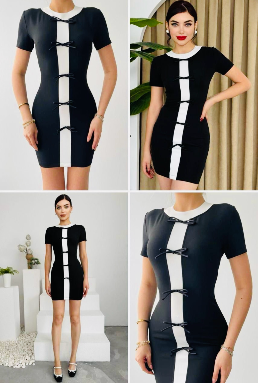Elegant black and white mini dress with bow details